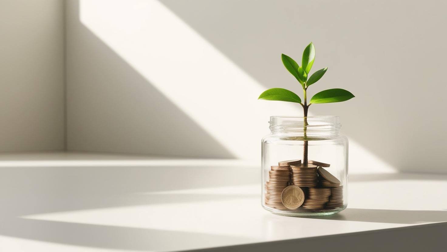 A glass jar with neatly arranged coins and a small green plant